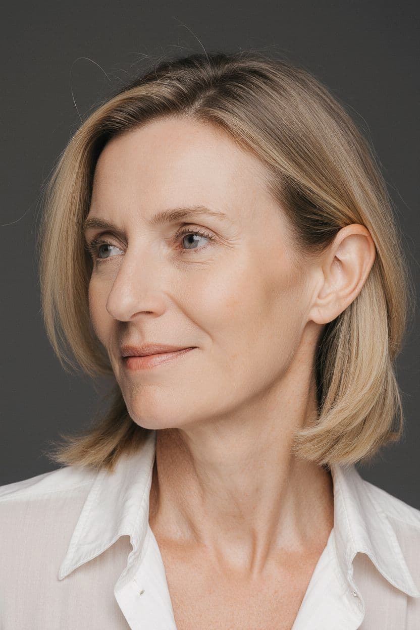 Reife blonde Frau in weißem Hemd, natürliches Gesichtsportrait, heller Hintergrund