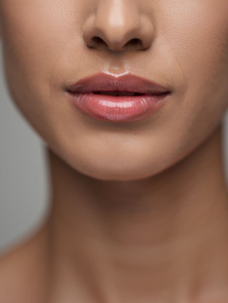 Nahaufnahme Mund und Kinn, natürliche Lippenform und gepflegte Haut