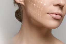 Frauengesicht im Profil mit eingezeichneten Behandlungslinien, ästhetische Gesichtsanalyse